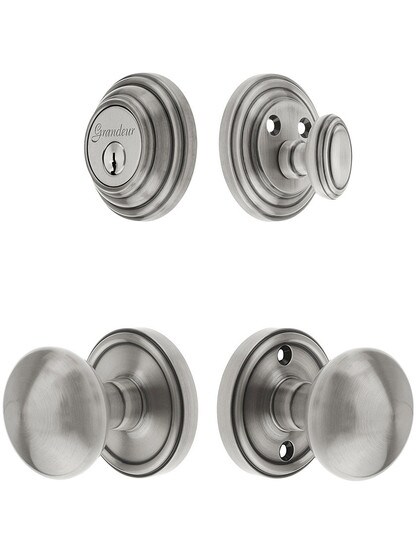 Grandeur Georgetown Entry Door Set, Keyed Alike with Fifth Avenue Knobs in Antique Pewter.